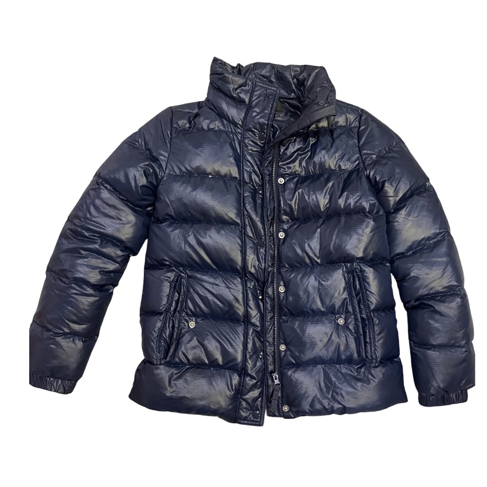 J Crew Navy Wet Puffer Jacket Down Fill Quilted Zip‎ Snap Hooded Womens XS
